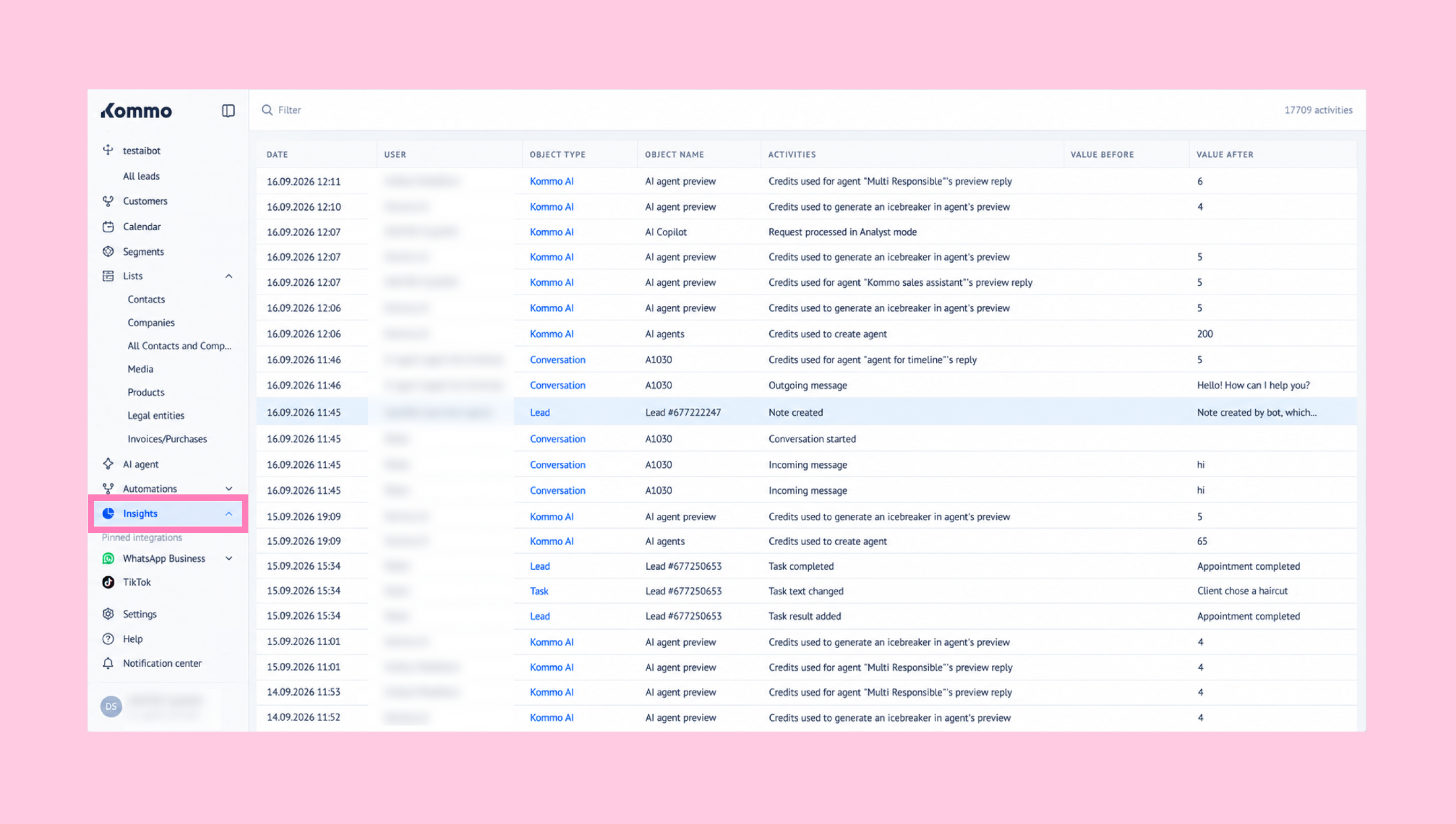 Activity log showing AI agent actions and credit usage.